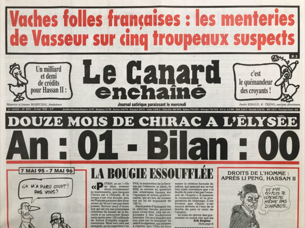 Couac ! | N° 3941 du Canard Enchaîné - 8 Mai 1996 | Nos Exemplaires du Canard Enchaîné sont archivés dans de bonnes conditions de conservation (obscurité, hygrométrie maitrisée et faible température), ce qui s'avère indispensable pour des journaux anciens. | 3941