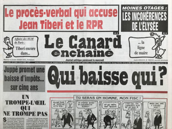 Couac ! | N° 3945 du Canard Enchaîné - 5 Juin 1996 | Nos Exemplaires du Canard Enchaîné sont archivés dans de bonnes conditions de conservation (obscurité, hygrométrie maitrisée et faible température), ce qui s'avère indispensable pour des journaux anciens. | 3945