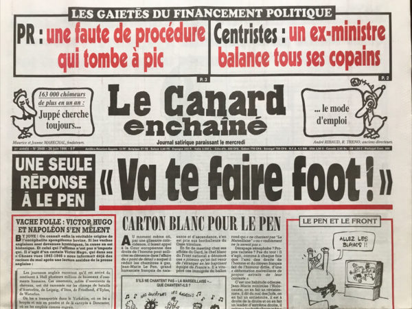 Couac ! | N° 3948 du Canard Enchaîné - 26 Juin 1996 | Nos Exemplaires du Canard Enchaîné sont archivés dans de bonnes conditions de conservation (obscurité, hygrométrie maitrisée et faible température), ce qui s'avère indispensable pour des journaux anciens. | 3948