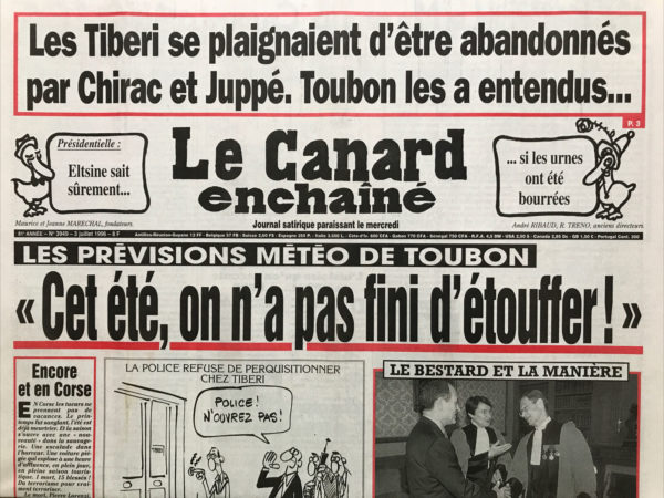 Couac ! | N° 3949 du Canard Enchaîné - 3 Juillet 1996 | Nos Exemplaires du Canard Enchaîné sont archivés dans de bonnes conditions de conservation (obscurité, hygrométrie maitrisée et faible température), ce qui s'avère indispensable pour des journaux anciens. | 3949