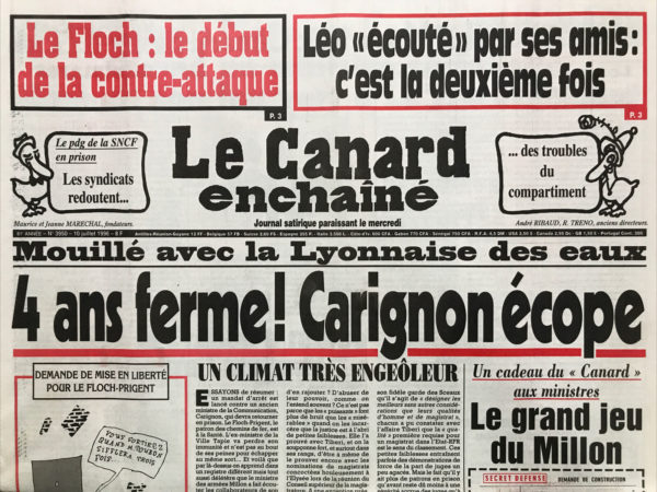 Couac ! | N° 3950 du Canard Enchaîné - 10 Juillet 1996 | Nos Exemplaires du Canard Enchaîné sont archivés dans de bonnes conditions de conservation (obscurité, hygrométrie maitrisée et faible température), ce qui s'avère indispensable pour des journaux anciens. | 3950