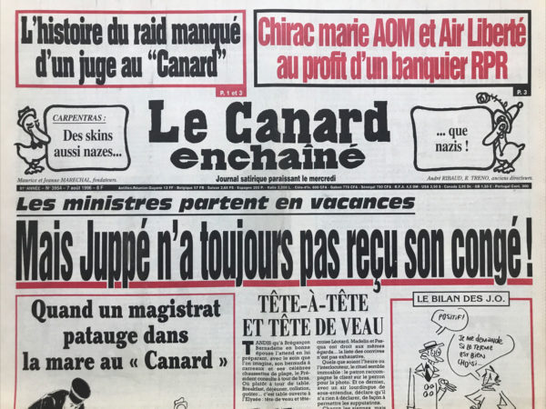 Couac ! | N° 3954 du Canard Enchaîné - 7 Août 1996 | Nos Exemplaires du Canard Enchaîné sont archivés dans de bonnes conditions de conservation (obscurité, hygrométrie maitrisée et faible température), ce qui s'avère indispensable pour des journaux anciens. | 3954