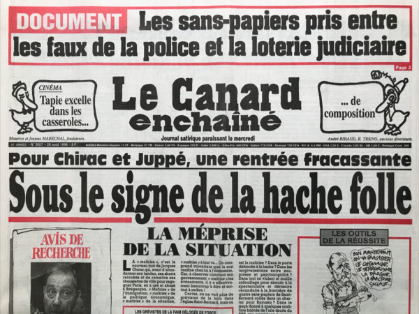 Couac ! | N° 3957 du Canard Enchaîné - 28 Août 1996 | Nos Exemplaires du Canard Enchaîné sont archivés dans de bonnes conditions de conservation (obscurité, hygrométrie maitrisée et faible température), ce qui s'avère indispensable pour des journaux anciens. | 3957