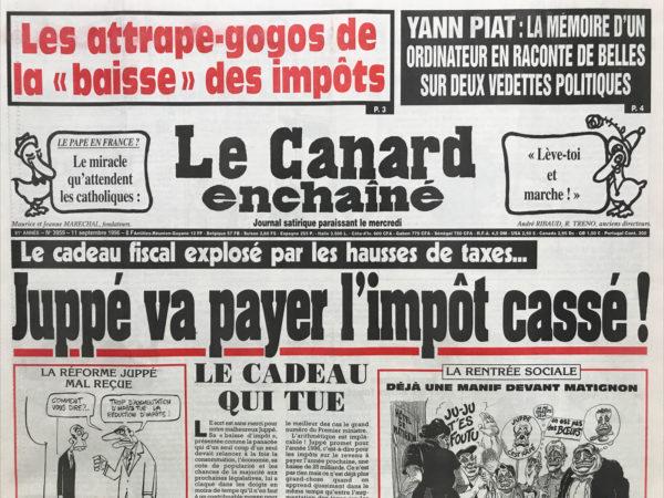 Couac ! | N° 3959 du Canard Enchaîné - 11 Septembre 1996 | Nos Exemplaires du Canard Enchaîné sont archivés dans de bonnes conditions de conservation (obscurité, hygrométrie maitrisée et faible température), ce qui s'avère indispensable pour des journaux anciens. | 3959