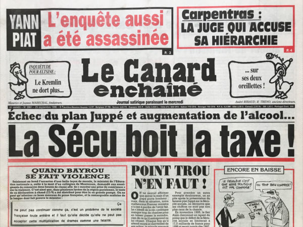 Couac ! | N° 3961 du Canard Enchaîné - 25 Septembre 1996 | Nos Exemplaires du Canard Enchaîné sont archivés dans de bonnes conditions de conservation (obscurité, hygrométrie maitrisée et faible température), ce qui s'avère indispensable pour des journaux anciens. | 3961