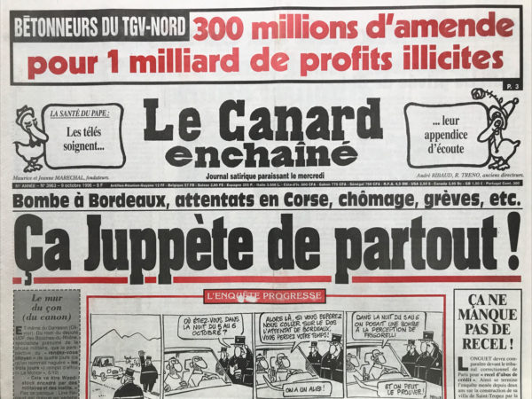 Couac ! | N° 3963 du Canard Enchaîné - 9 Octobre 1996 | Nos Exemplaires du Canard Enchaîné sont archivés dans de bonnes conditions de conservation (obscurité, hygrométrie maitrisée et faible température), ce qui s'avère indispensable pour des journaux anciens. | 3963