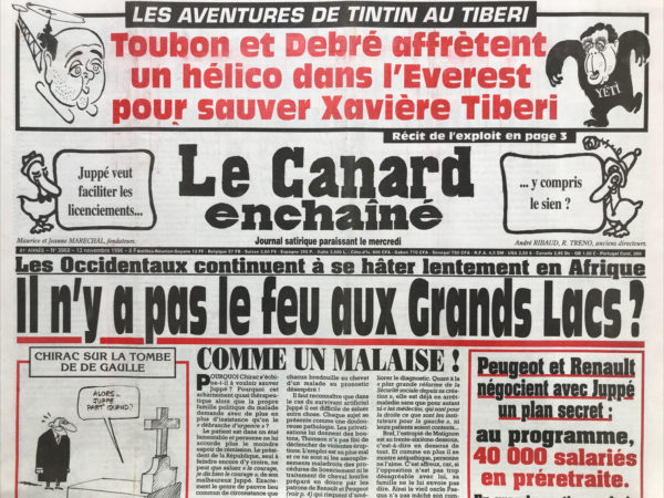 Couac ! | N° 3968 du Canard Enchaîné - 13 Novembre 1996 | Nos Exemplaires du Canard Enchaîné sont archivés dans de bonnes conditions de conservation (obscurité, hygrométrie maitrisée et faible température), ce qui s'avère indispensable pour des journaux anciens. | 3968