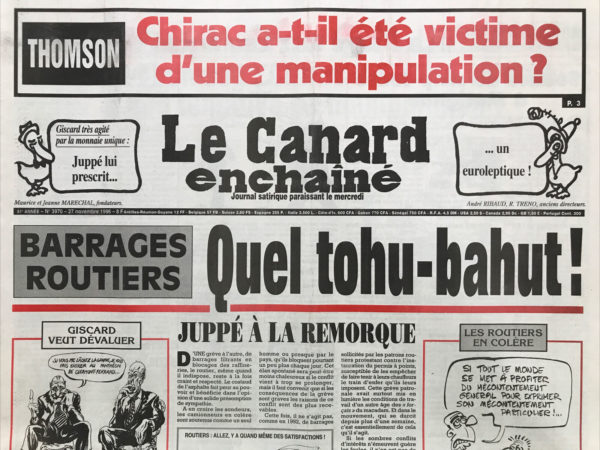 Couac ! | N° 3970 du Canard Enchaîné - 27 Novembre 1996 | Nos Exemplaires du Canard Enchaîné sont archivés dans de bonnes conditions de conservation (obscurité, hygrométrie maitrisée et faible température), ce qui s'avère indispensable pour des journaux anciens. | 3970