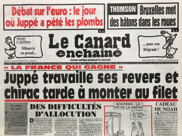 Couac ! | N° 3971 du Canard Enchaîné - 4 Décembre 1996 | Nos Exemplaires du Canard Enchaîné sont archivés dans de bonnes conditions de conservation (obscurité, hygrométrie maitrisée et faible température), ce qui s'avère indispensable pour des journaux anciens. | 3971