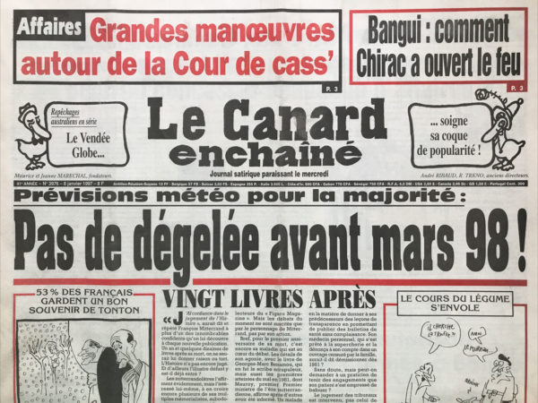 Couac ! | N° 3976 du Canard Enchaîné - 8 Janvier 1997 | Nos Exemplaires du Canard Enchaîné sont archivés dans de bonnes conditions de conservation (obscurité, hygrométrie maitrisée et faible température), ce qui s'avère indispensable pour des journaux anciens. | 3976