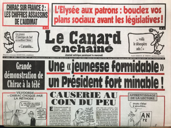 Couac ! | N° 3985 du Canard Enchaîné - 12 Mars 1997 | Nos Exemplaires du Canard Enchaîné sont archivés dans de bonnes conditions de conservation (obscurité, hygrométrie maitrisée et faible température), ce qui s'avère indispensable pour des journaux anciens. | 3985