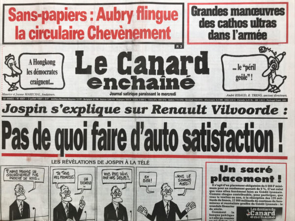 Couac ! | N° 4001 du Canard Enchaîné - 2 Juillet 1997 | Nos Exemplaires du Canard Enchaîné sont archivés dans de bonnes conditions de conservation (obscurité, hygrométrie maitrisée et faible température), ce qui s'avère indispensable pour des journaux anciens. | 4001