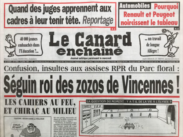 Couac ! | N° 4002 du Canard Enchaîné - 9 Juillet 1997 | Nos Exemplaires du Canard Enchaîné sont archivés dans de bonnes conditions de conservation (obscurité, hygrométrie maitrisée et faible température), ce qui s'avère indispensable pour des journaux anciens. | 4002