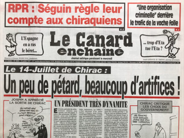 Couac ! | N° 4003 du Canard Enchaîné - 16 Juillet 1997 | Nos Exemplaires du Canard Enchaîné sont archivés dans de bonnes conditions de conservation (obscurité, hygrométrie maitrisée et faible température), ce qui s'avère indispensable pour des journaux anciens. | 4003