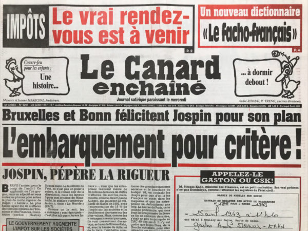 Couac ! | N° 4004 du Canard Enchaîné - 23 Juillet 1997 | Nos Exemplaires du Canard Enchaîné sont archivés dans de bonnes conditions de conservation (obscurité, hygrométrie maitrisée et faible température), ce qui s'avère indispensable pour des journaux anciens. | 4004