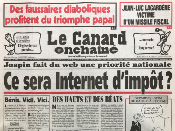 Couac ! | N° 4009 du Canard Enchaîné - 27 Août 1997 | Nos Exemplaires du Canard Enchaîné sont archivés dans de bonnes conditions de conservation (obscurité, hygrométrie maitrisée et faible température), ce qui s'avère indispensable pour des journaux anciens. | 4009