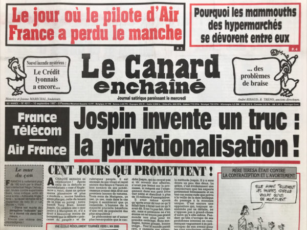 Couac ! | N° 4011 du Canard Enchaîné - 10 Septembre 1997 | Nos Exemplaires du Canard Enchaîné sont archivés dans de bonnes conditions de conservation (obscurité, hygrométrie maitrisée et faible température), ce qui s'avère indispensable pour des journaux anciens. | 4011