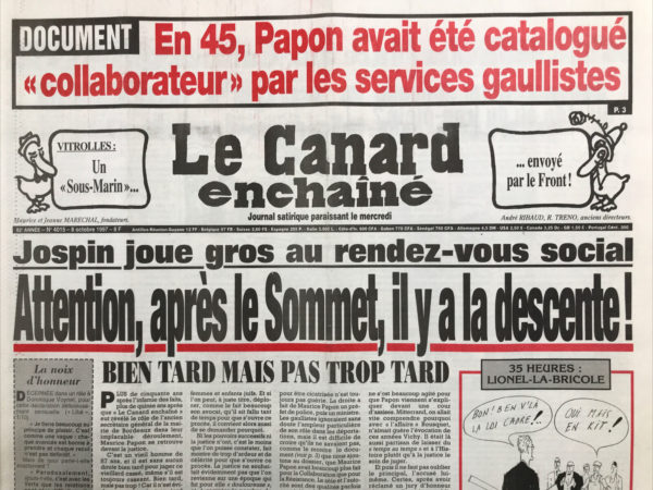 Couac ! | N° 4015 du Canard Enchaîné - 8 Octobre 1997 | Nos Exemplaires du Canard Enchaîné sont archivés dans de bonnes conditions de conservation (obscurité, hygrométrie maitrisée et faible température), ce qui s'avère indispensable pour des journaux anciens. | 4015