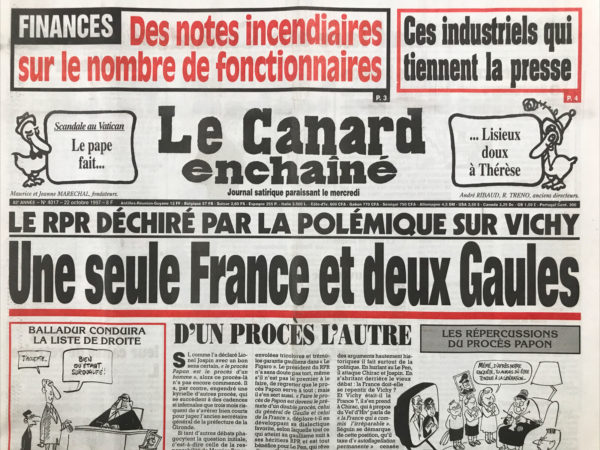 Couac ! | N° 4017 du Canard Enchaîné - 22 Octobre 1997 | Nos Exemplaires du Canard Enchaîné sont archivés dans de bonnes conditions de conservation (obscurité, hygrométrie maitrisée et faible température), ce qui s'avère indispensable pour des journaux anciens. | 4017