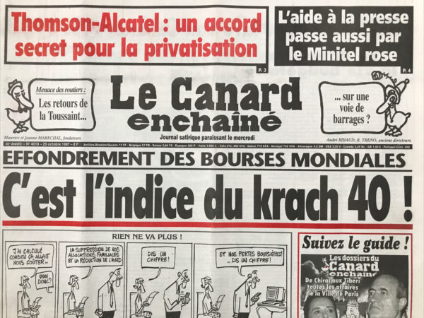 Couac ! | N° 4018 du Canard Enchaîné - 29 Octobre 1997 | Nos Exemplaires du Canard Enchaîné sont archivés dans de bonnes conditions de conservation (obscurité, hygrométrie maitrisée et faible température), ce qui s'avère indispensable pour des journaux anciens. | 4018