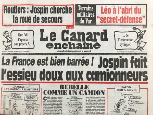 Couac ! | N° 4019 du Canard Enchaîné - 5 Novembre 1997 | Nos Exemplaires du Canard Enchaîné sont archivés dans de bonnes conditions de conservation (obscurité, hygrométrie maitrisée et faible température), ce qui s'avère indispensable pour des journaux anciens. | 4019