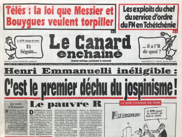 Couac ! | N° 4025 du Canard Enchaîné - 17 Décembre 1997 | Nos Exemplaires du Canard Enchaîné sont archivés dans de bonnes conditions de conservation (obscurité, hygrométrie maitrisée et faible température), ce qui s'avère indispensable pour des journaux anciens. | 4025