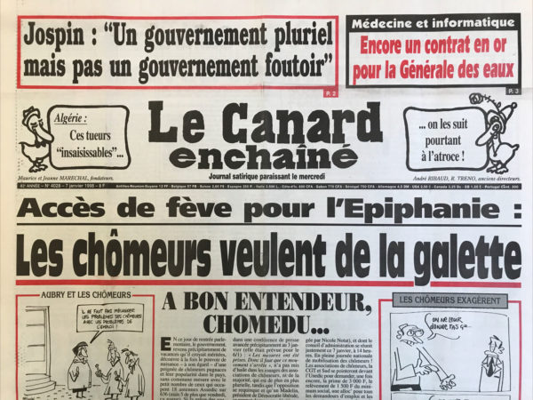 Couac ! | N° 4028 du Canard Enchaîné - 7 Janvier 1998 | Nos Exemplaires du Canard Enchaîné sont archivés dans de bonnes conditions de conservation (obscurité, hygrométrie maitrisée et faible température), ce qui s'avère indispensable pour des journaux anciens. | 4028