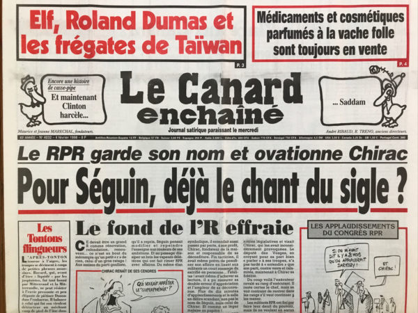 Couac ! | N° 4032 du Canard Enchaîné - 4 Février 1998 | Nos Exemplaires du Canard Enchaîné sont archivés dans de bonnes conditions de conservation (obscurité, hygrométrie maitrisée et faible température), ce qui s'avère indispensable pour des journaux anciens. | 4032