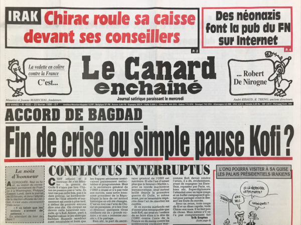 Couac ! | N° 4035 du Canard Enchaîné - 25 Février 1998 | Nos Exemplaires du Canard Enchaîné sont archivés dans de bonnes conditions de conservation (obscurité, hygrométrie maitrisée et faible température), ce qui s'avère indispensable pour des journaux anciens. | 4035