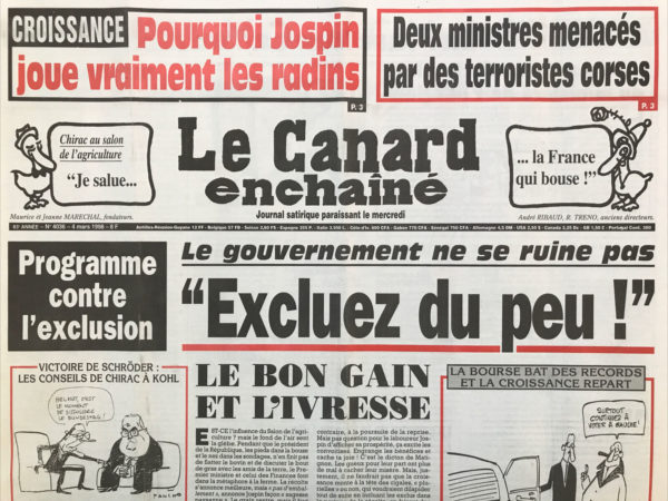 Couac ! | N° 4036 du Canard Enchaîné - 4 Mars 1998 | Nos Exemplaires du Canard Enchaîné sont archivés dans de bonnes conditions de conservation (obscurité, hygrométrie maitrisée et faible température), ce qui s'avère indispensable pour des journaux anciens. | 4036