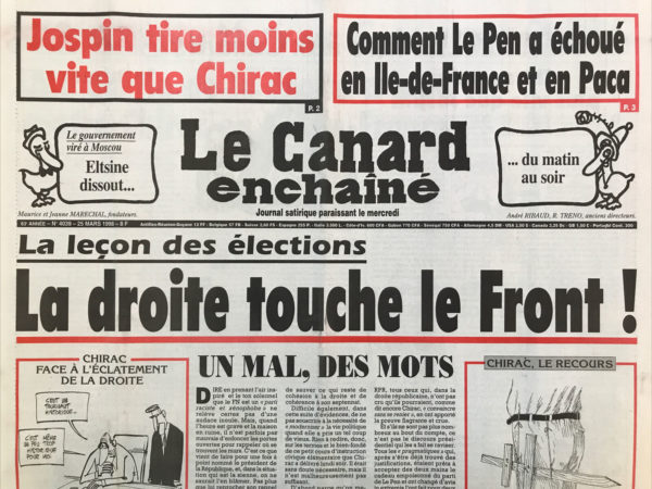 Couac ! | N° 4039 du Canard Enchaîné - 25 Mars 1998 | Nos Exemplaires du Canard Enchaîné sont archivés dans de bonnes conditions de conservation (obscurité, hygrométrie maitrisée et faible température), ce qui s'avère indispensable pour des journaux anciens. | 4039