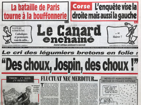 Couac ! | N° 4042 du Canard Enchaîné - 15 Avril 1998 | Nos Exemplaires du Canard Enchaîné sont archivés dans de bonnes conditions de conservation (obscurité, hygrométrie maitrisée et faible température), ce qui s'avère indispensable pour des journaux anciens. | 4042