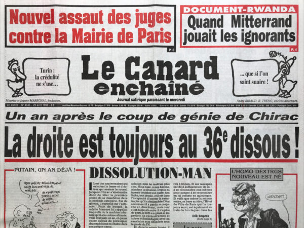 Couac ! | N° 4043 du Canard Enchaîné - 22 Avril 1998 | Nos Exemplaires du Canard Enchaîné sont archivés dans de bonnes conditions de conservation (obscurité, hygrométrie maitrisée et faible température), ce qui s'avère indispensable pour des journaux anciens. | 4043