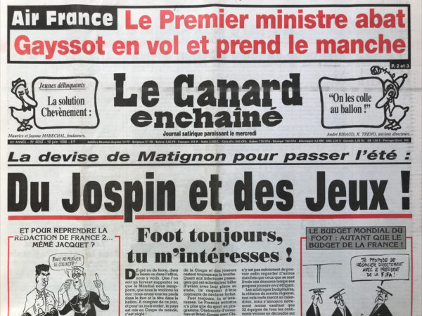 Couac ! | N° 4050 du Canard Enchaîné - 10 Juin 1998 | Nos Exemplaires du Canard Enchaîné sont archivés dans de bonnes conditions de conservation (obscurité, hygrométrie maitrisée et faible température), ce qui s'avère indispensable pour des journaux anciens. | 4050