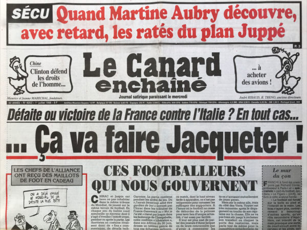 Couac ! | N° 4053 du Canard Enchaîné - 1 Juillet 1998 | Nos Exemplaires du Canard Enchaîné sont archivés dans de bonnes conditions de conservation (obscurité, hygrométrie maitrisée et faible température), ce qui s'avère indispensable pour des journaux anciens. | 4053