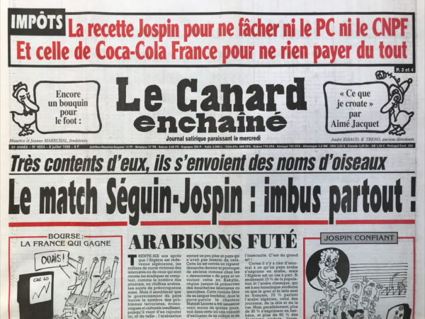 Couac ! | N° 4054 du Canard Enchaîné - 8 Juillet 1998 | Nos Exemplaires du Canard Enchaîné sont archivés dans de bonnes conditions de conservation (obscurité, hygrométrie maitrisée et faible température), ce qui s'avère indispensable pour des journaux anciens. | 4054