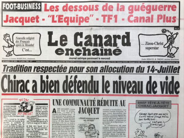 Couac ! | N° 4055 du Canard Enchaîné - 15 Juillet 1998 | Nos Exemplaires du Canard Enchaîné sont archivés dans de bonnes conditions de conservation (obscurité, hygrométrie maitrisée et faible température), ce qui s'avère indispensable pour des journaux anciens. | 4055