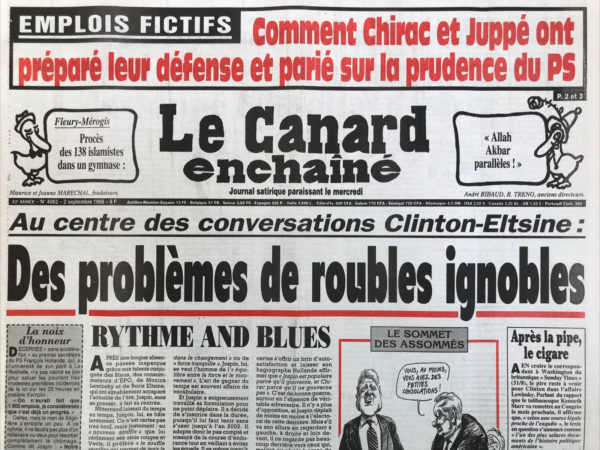 Couac ! | N° 4062 du Canard Enchaîné - 2 Septembre 1998 | Nos Exemplaires du Canard Enchaîné sont archivés dans de bonnes conditions de conservation (obscurité, hygrométrie maitrisée et faible température), ce qui s'avère indispensable pour des journaux anciens. | 4062