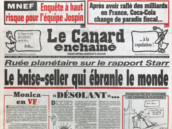 Couac ! | N° 4064 du Canard Enchaîné - 16 Septembre 1998 | Nos Exemplaires du Canard Enchaîné sont archivés dans de bonnes conditions de conservation (obscurité, hygrométrie maitrisée et faible température), ce qui s'avère indispensable pour des journaux anciens. | 4064