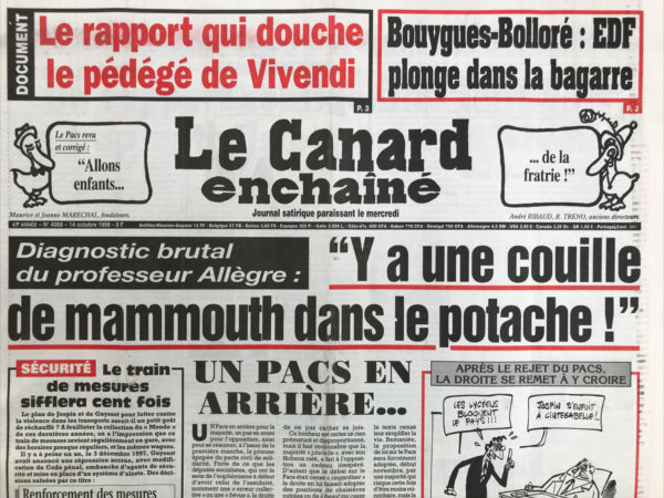 Couac ! | N° 4068 du Canard Enchaîné - 14 Octobre 1998 | Nos Exemplaires du Canard Enchaîné sont archivés dans de bonnes conditions de conservation (obscurité, hygrométrie maitrisée et faible température), ce qui s'avère indispensable pour des journaux anciens. | 4068