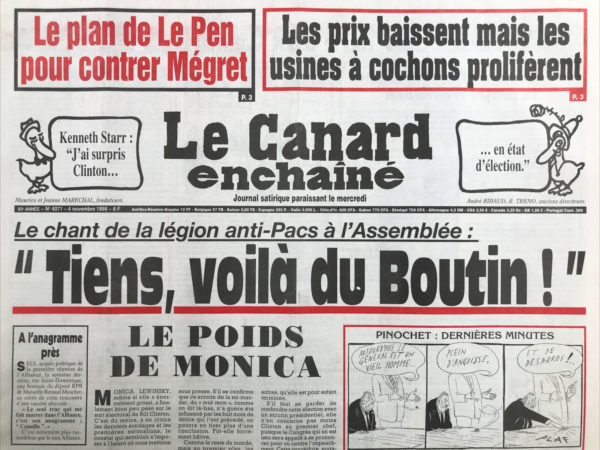 Couac ! | N° 4071 du Canard Enchaîné - 4 Novembre 1998 | Nos Exemplaires du Canard Enchaîné sont archivés dans de bonnes conditions de conservation (obscurité, hygrométrie maitrisée et faible température), ce qui s'avère indispensable pour des journaux anciens. | 4071