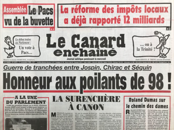 Couac ! | N° 4072 du Canard Enchaîné - 11 Novembre 1998 | Nos Exemplaires du Canard Enchaîné sont archivés dans de bonnes conditions de conservation (obscurité, hygrométrie maitrisée et faible température), ce qui s'avère indispensable pour des journaux anciens. | 4072