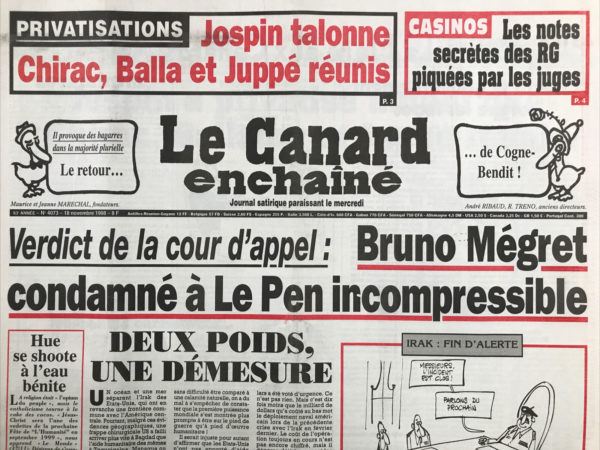 Couac ! | N° 4073 du Canard Enchaîné - 18 Novembre 1998 | Nos Exemplaires du Canard Enchaîné sont archivés dans de bonnes conditions de conservation (obscurité, hygrométrie maitrisée et faible température), ce qui s'avère indispensable pour des journaux anciens. | 4073