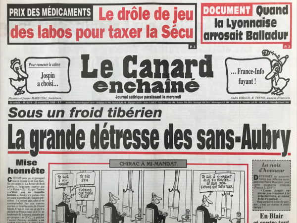 Couac ! | N° 4074 du Canard Enchaîné - 25 Novembre 1998 | Nos Exemplaires du Canard Enchaîné sont archivés dans de bonnes conditions de conservation (obscurité, hygrométrie maitrisée et faible température), ce qui s'avère indispensable pour des journaux anciens. | 4074