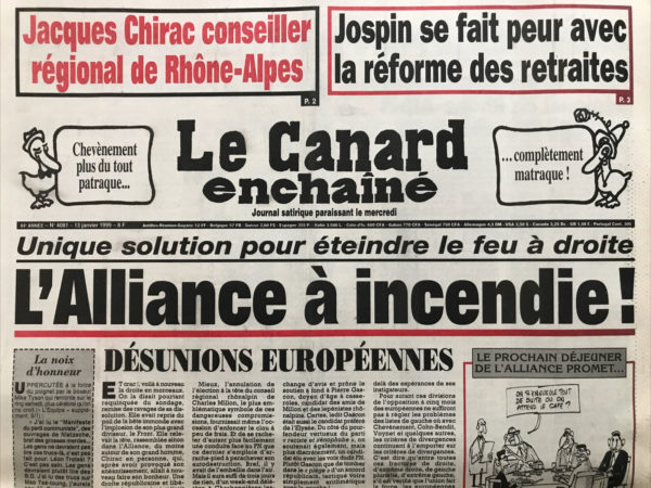 Couac ! | N° 4081 du Canard Enchaîné - 13 Janvier 1999 | Nos Exemplaires du Canard Enchaîné sont archivés dans de bonnes conditions de conservation (obscurité, hygrométrie maitrisée et faible température), ce qui s'avère indispensable pour des journaux anciens. | 4081