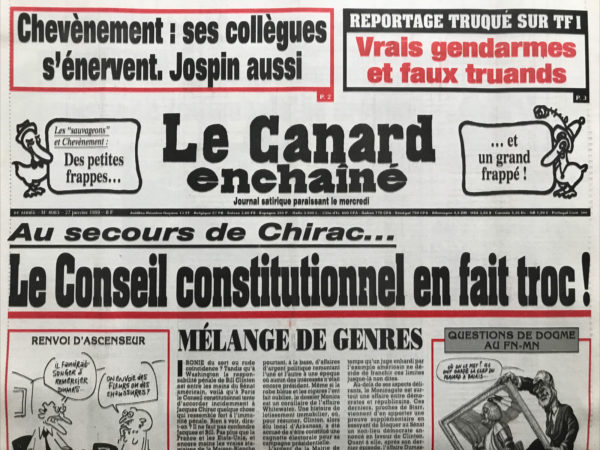 Couac ! | N° 4083 du Canard Enchaîné - 27 Janvier 1999 | Nos Exemplaires du Canard Enchaîné sont archivés dans de bonnes conditions de conservation (obscurité, hygrométrie maitrisée et faible température), ce qui s'avère indispensable pour des journaux anciens. | 4083