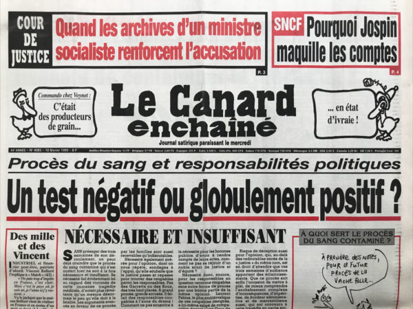 Couac ! | N° 4085 du Canard Enchaîné - 10 Février 1999 | Nos Exemplaires du Canard Enchaîné sont archivés dans de bonnes conditions de conservation (obscurité, hygrométrie maitrisée et faible température), ce qui s'avère indispensable pour des journaux anciens. | 4085