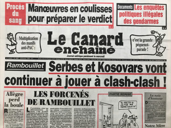 Couac ! | N° 4087 du Canard Enchaîné - 24 Février 1999 | Nos Exemplaires du Canard Enchaîné sont archivés dans de bonnes conditions de conservation (obscurité, hygrométrie maitrisée et faible température), ce qui s'avère indispensable pour des journaux anciens. | 4087