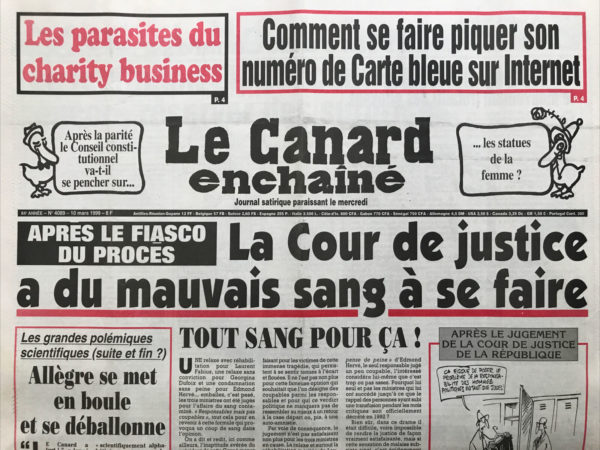 Couac ! | N° 4089 du Canard Enchaîné - 10 Mars 1999 | Nos Exemplaires du Canard Enchaîné sont archivés dans de bonnes conditions de conservation (obscurité, hygrométrie maitrisée et faible température), ce qui s'avère indispensable pour des journaux anciens. | 4089