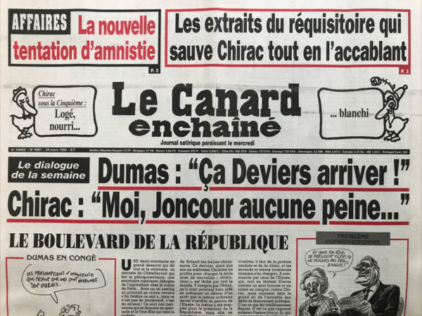 Couac ! | N° 4091 du Canard Enchaîné - 24 Mars 1999 | Nos Exemplaires du Canard Enchaîné sont archivés dans de bonnes conditions de conservation (obscurité, hygrométrie maitrisée et faible température), ce qui s'avère indispensable pour des journaux anciens. | 4091